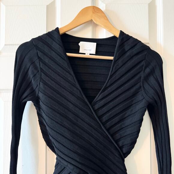 Cinq a Sept Black Titania Ribbed Wrap Front Cutout Top - Picture 4 of 7